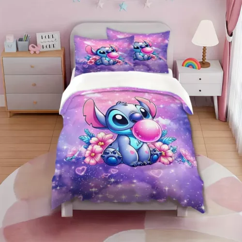 Parure de lit 3 pièces Stitch – housse de couette et taies d'oreiller douces