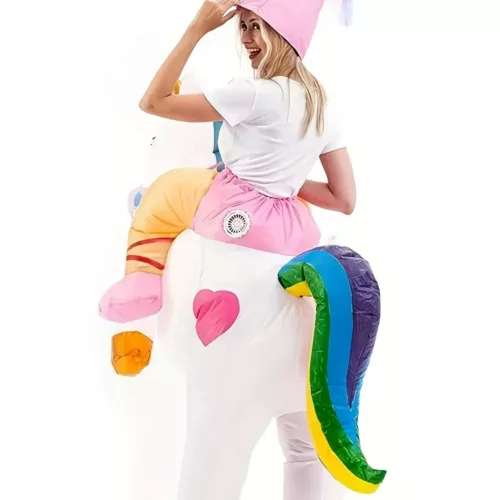 Costume licorne gonflable femme avec sabots dorés – idéal Halloween et fêtes