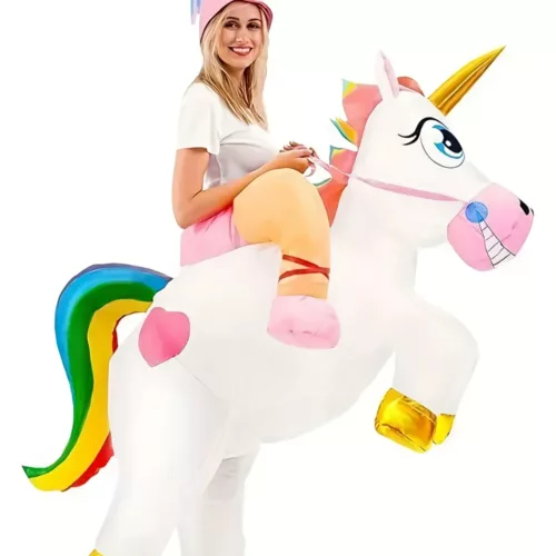 Costume licorne gonflable femme avec sabots dorés – idéal Halloween et fêtes