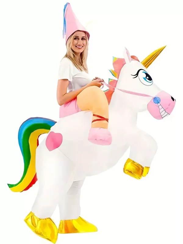 Costume licorne gonflable femme avec sabots dorés – idéal Halloween et fêtes