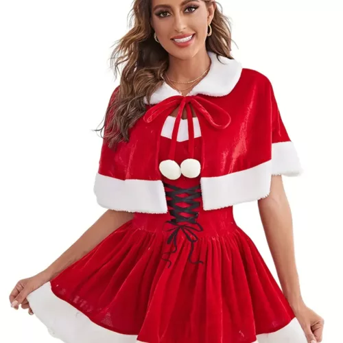 Lingerie de Noël femme – ensemble nuisette rouge avec cape en fourrure blanche
