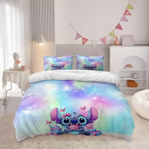 Parure de lit 3 pièces motif Lilo & Stitch – housse de couette et taies d’oreiller