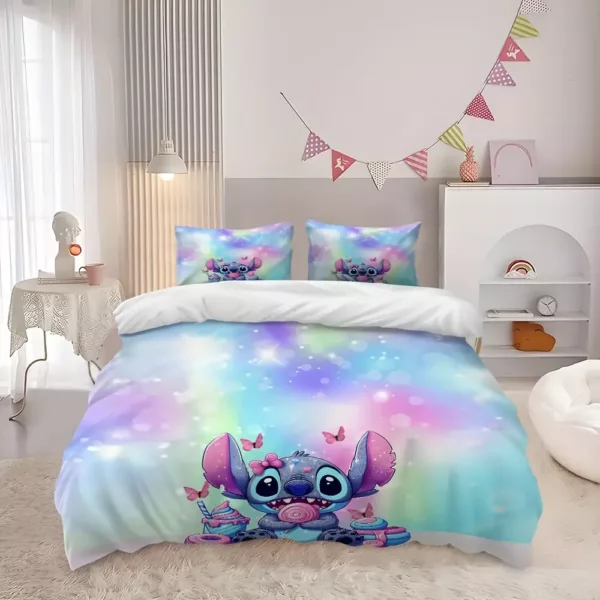 Parure de lit 3 pièces motif Lilo & Stitch – housse de couette et taies d’oreiller