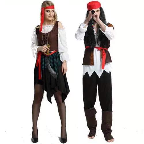 Déguisement pirate adulte style Jack Sparrow – chemise, gilet et ceinture