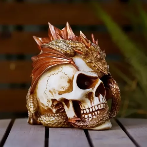 Statue crâne en résine style dragon – décor gothique pour collection ou bureau