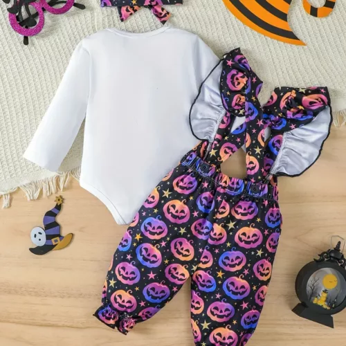 Ensemble 3 pièces bébé fille Halloween – barboteuse, bandeau et combinaison imprimés sorcière et citrouille