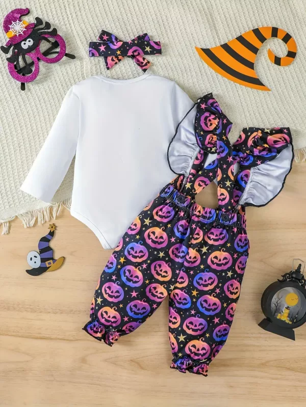 Ensemble 3 pièces bébé fille Halloween – barboteuse, bandeau et combinaison imprimés sorcière et citrouille