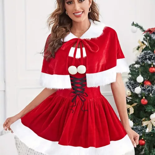 Lingerie de Noël femme – ensemble nuisette rouge avec cape en fourrure blanche
