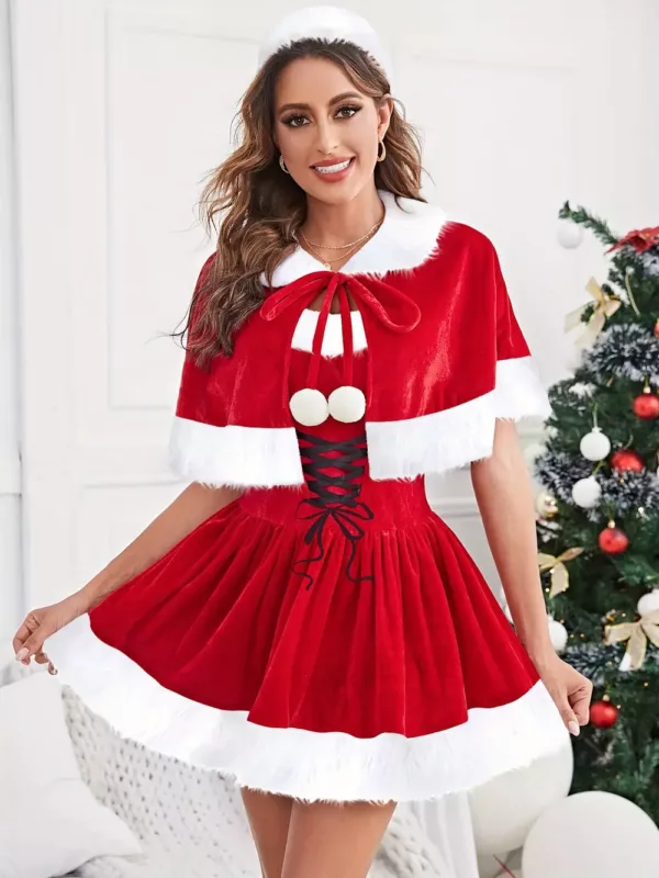Lingerie de Noël femme – ensemble nuisette rouge avec cape en fourrure blanche