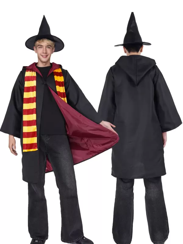 Costume sorcier 3 pièces – cape à manches longues, chapeau, écharpe rayée