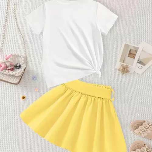 Robe enfant princesse Belle avec t-shirt imprimé et jupe à nœud vintage – doux et respirant