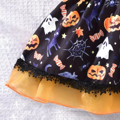 Robe bébé fille Halloween – citrouille imprimée avec chapeau de sorcière assorti