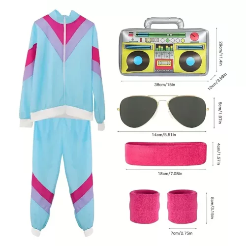 Déguisement rétro années 80 complet – veste, pantalon, accessoires fluo fête