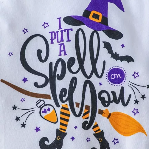 Ensemble 3 pièces bébé fille Halloween – barboteuse, bandeau et combinaison imprimés sorcière et citrouille
