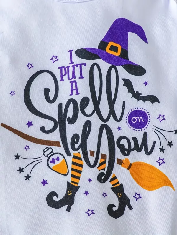 Ensemble 3 pièces bébé fille Halloween – barboteuse, bandeau et combinaison imprimés sorcière et citrouille