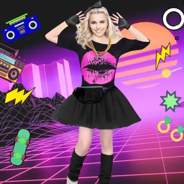 Déguisement femme années 80 – ensemble 29 pièces accessoires rétro fluo party