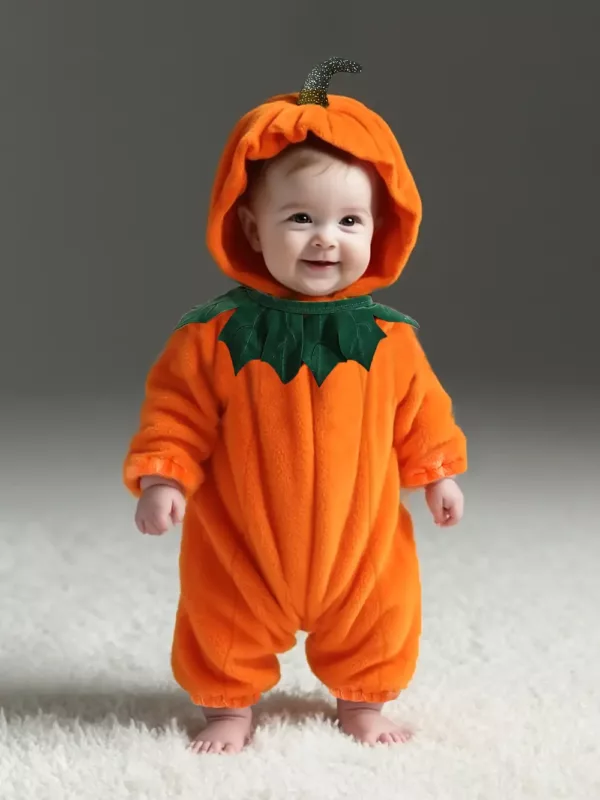 Combinaison bébé en peluche citrouille avec capuche – déguisement doux Halloween