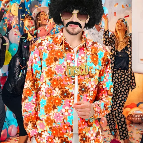 Déguisement disco homme années 70 avec costume, perruque, barbe et accessoires