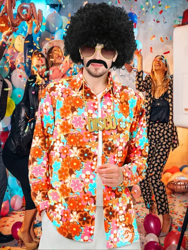Déguisement disco homme années 70 avec costume, perruque, barbe et accessoires