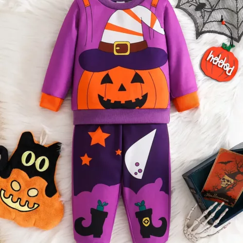 Ensemble garçon Halloween – sweat à motif citrouille et pantalon assorti
