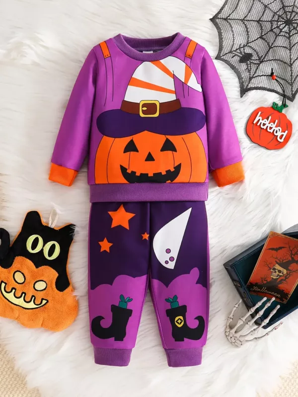 Ensemble garçon Halloween – sweat à motif citrouille et pantalon assorti