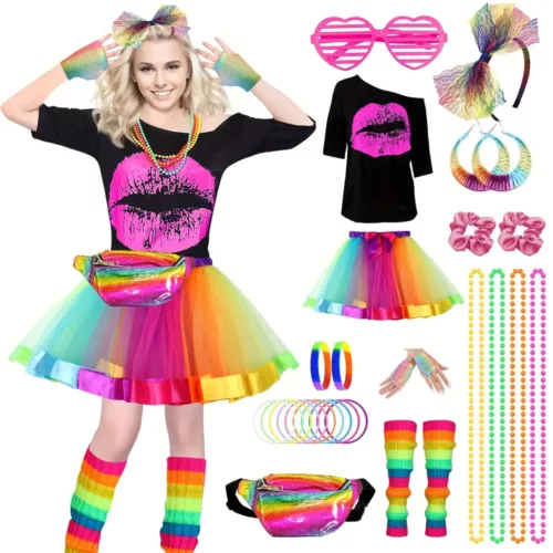 Déguisement femme années 80 – ensemble 29 pièces accessoires rétro fluo party