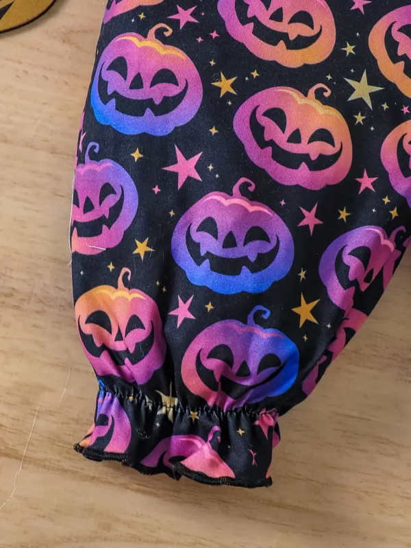 Ensemble 3 pièces bébé fille Halloween – barboteuse, bandeau et combinaison imprimés sorcière et citrouille