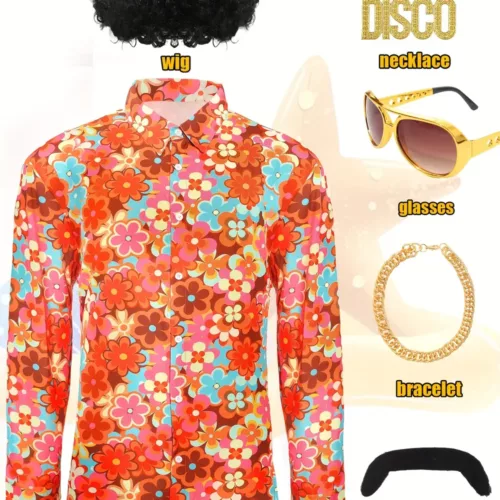 Déguisement disco homme années 70 avec costume, perruque, barbe et accessoires