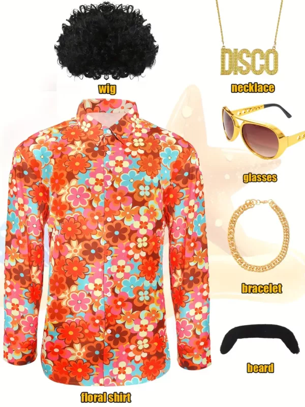 Déguisement disco homme années 70 avec costume, perruque, barbe et accessoires