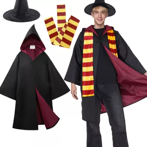 Costume sorcier 3 pièces – cape à manches longues, chapeau, écharpe rayée