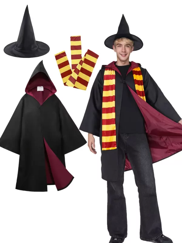 Costume sorcier 3 pièces – cape à manches longues, chapeau, écharpe rayée