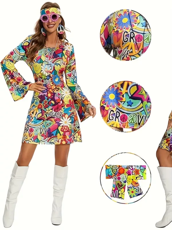 Robe hippie vintage à imprimé géométrique – manches évasées années 70