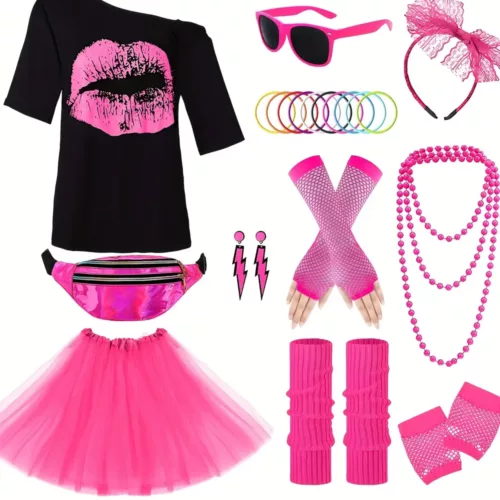 Déguisement femme années 80 – haut fluo et jupe tutu noire vintage rétro