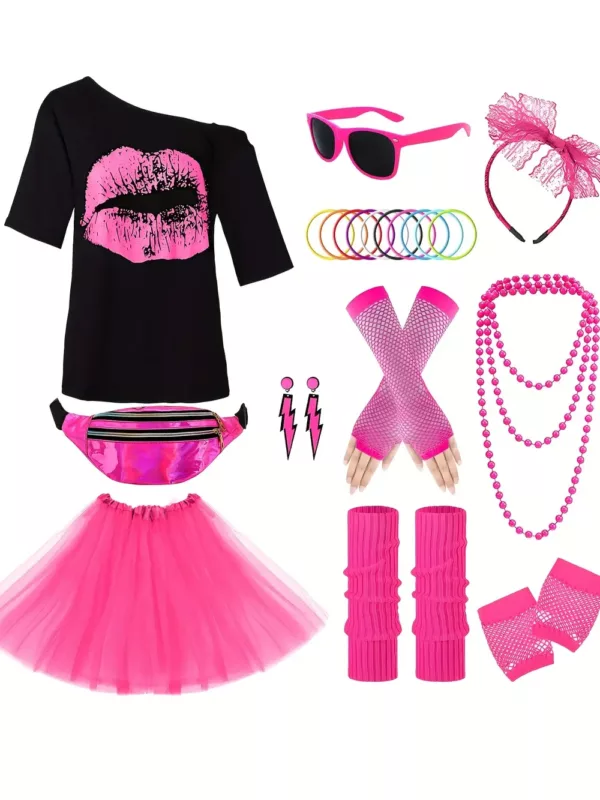 Déguisement femme années 80 – haut fluo et jupe tutu noire vintage rétro