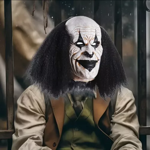 Masque de clown tueur en latex réaliste avec perruque bouclée – Halloween horreur