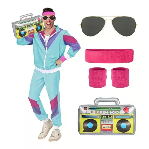 Déguisement rétro années 80 complet – veste, pantalon, accessoires fluo fête