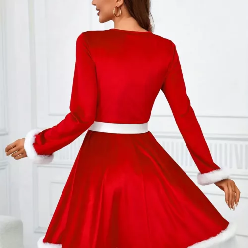 Robe de Noël femme style Père Noël – col rond, manches longues, fausse fourrure