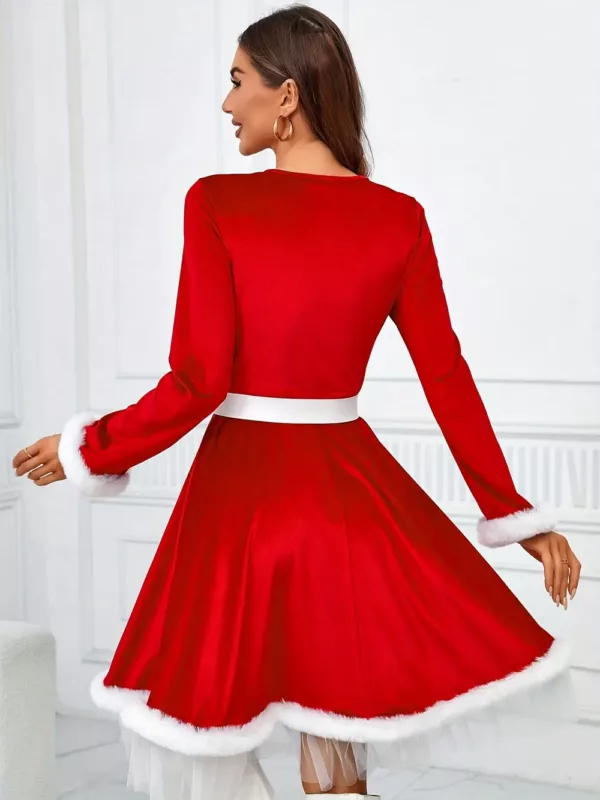 Robe de Noël femme style Père Noël – col rond, manches longues, fausse fourrure