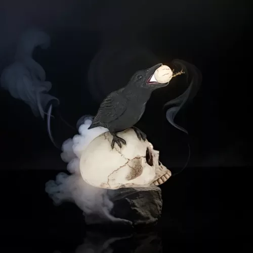 Décoration Halloween crâne avec corbeau – Effet réaliste pour ambiance macabre