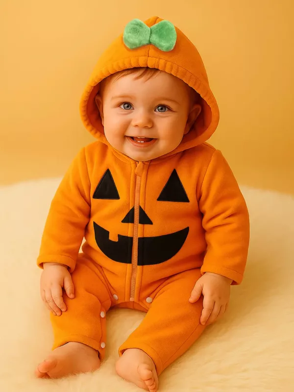 Barboteuse bébé Halloween en peluche à capuche citrouille avec tige 3D