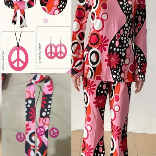 Déguisement hippie rétro 70s pour adulte – ensemble 5 pièces à motif psychédélique