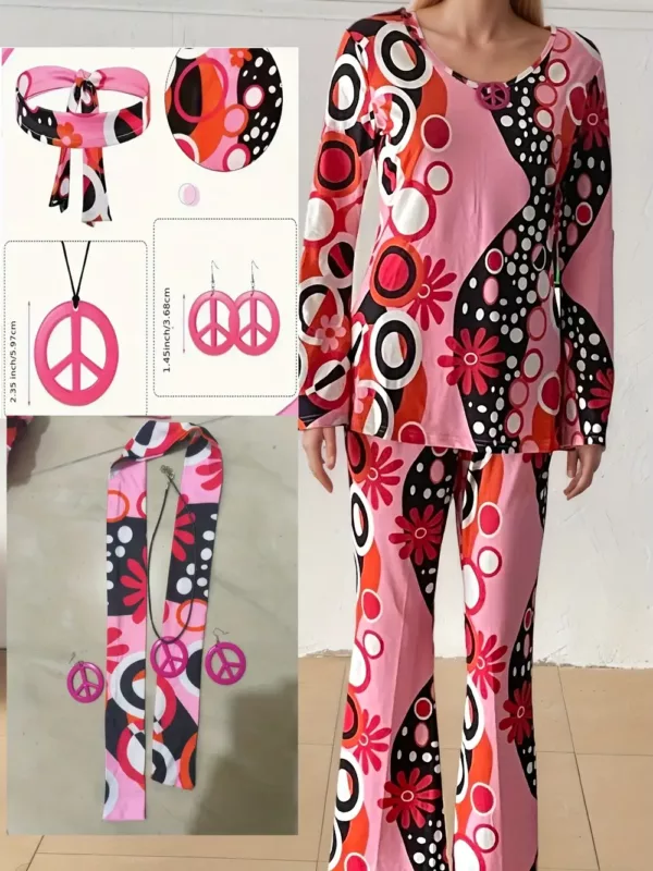 Déguisement hippie rétro 70s pour adulte – ensemble 5 pièces à motif psychédélique