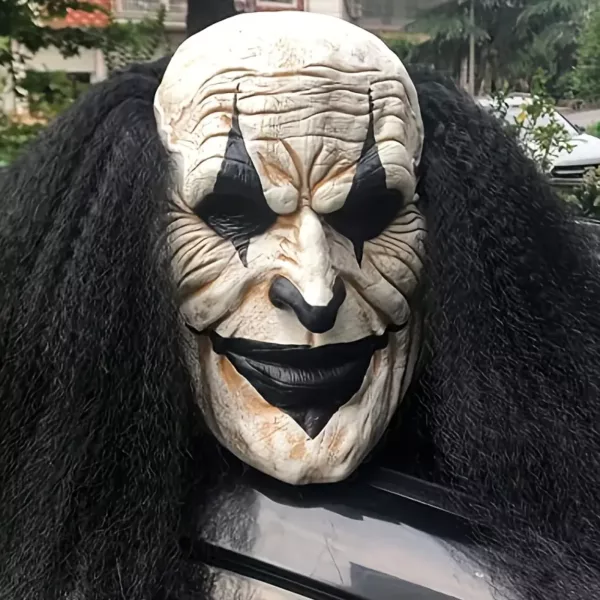 Masque de clown tueur en latex réaliste avec perruque bouclée – Halloween horreur