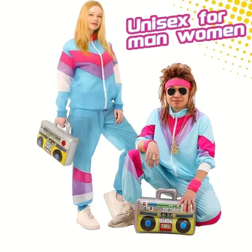 Déguisement rétro années 80 – combinaison de sport fluo avec accessoires fête