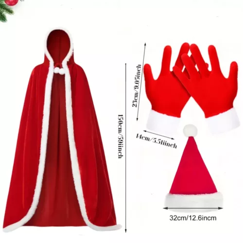 Ensemble accessoires Père Noël femme – cape à capuche, chapeau et gants