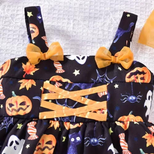 Robe bébé fille Halloween – citrouille imprimée avec chapeau de sorcière assorti