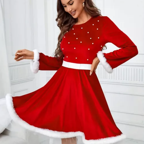 Robe de Noël femme style Père Noël – col rond, manches longues, fausse fourrure