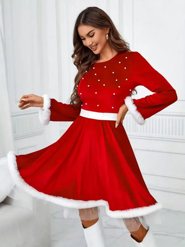 Robe de Noël femme style Père Noël – col rond, manches longues, fausse fourrure