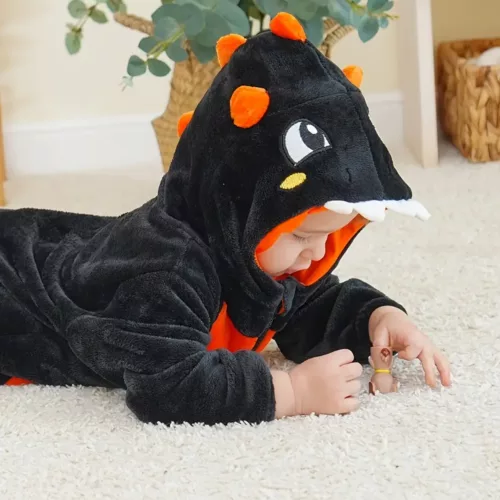 Grenouillère bébé à capuche dinosaure motif citrouille – polaire douce
