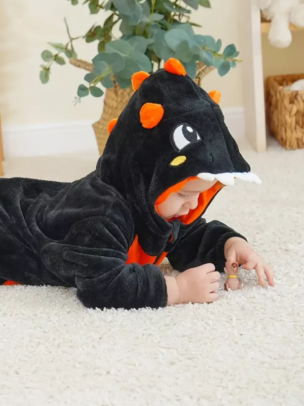 Grenouillère bébé à capuche dinosaure motif citrouille – polaire douce